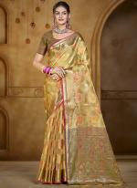 Organza Light Yellow Festival Wear Weaving Saree